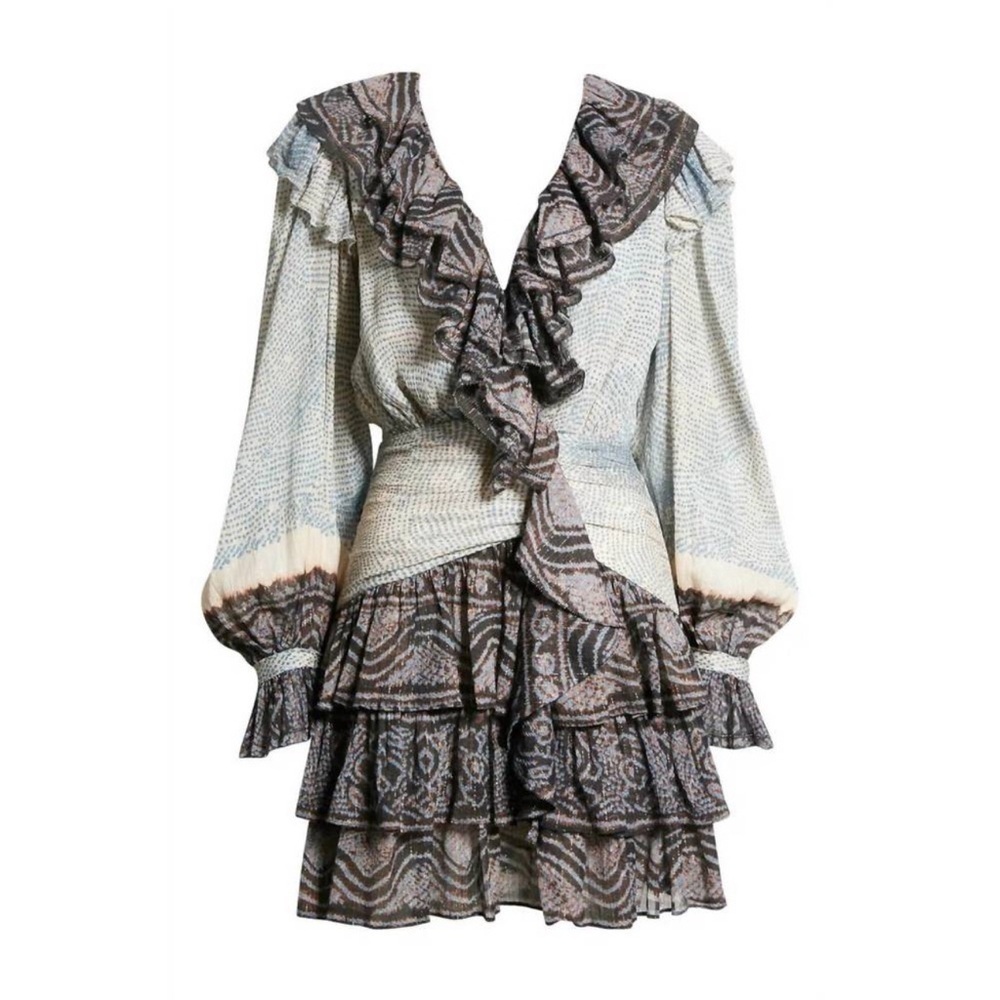 ULLA JOHNSON Sara long sleeve v-neck layered skirt ruffle mini dress in moon.